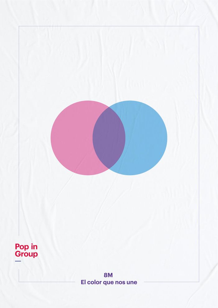 Cartel 8M: dos círculos, rosa y azul, cuya intersección es violeta