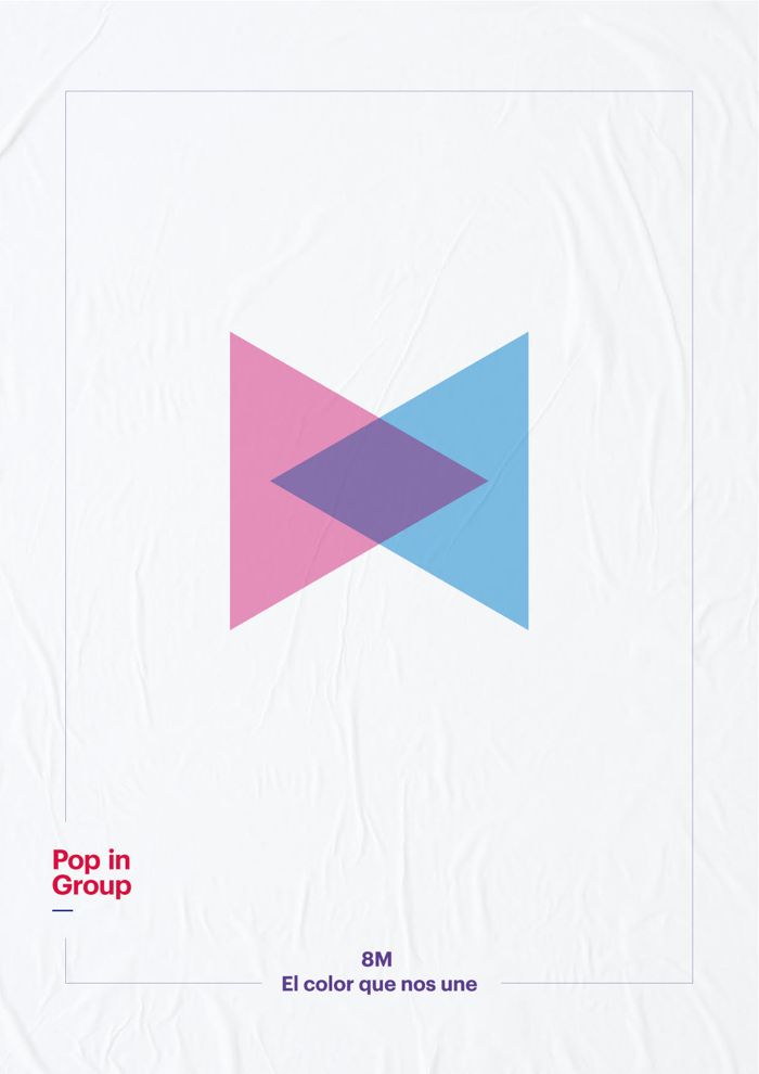 Cartel 8M: dos triángulos enfrentados, rosa y azul, unidos en violeta
